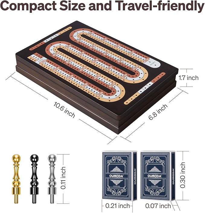 Wooden Magnetic Cribbage Board Game| Travel 3-Track Scoreboard Set| 2 Playing Cards| 9 Metal Pegs| Compact Size for Travelling Game Night (Instruction Included)