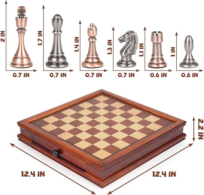 12.5-Inch Wooden Chess Set with Weighted Metal Chess Pieces, Storage Drawer Wooden Chess Board, Includes 2 Extra Queens – Premium Board Games Metal Chess Set for Adults and Chess Enthusiasts