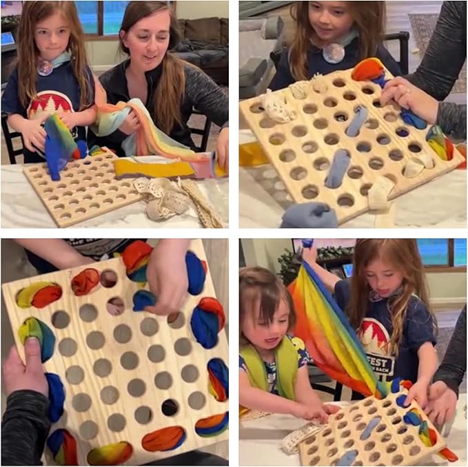 Eray Wooden Toys Open Ended Busy Board with Play Silks Kid Safe Weaving Board Handwork Gift Educational Toy