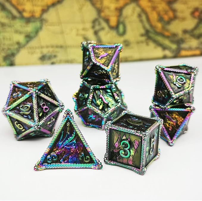 HAOMEJA DND Dice Metal Dragon Set Dice 7 Role Playing Dice D&D Solid Dice Dungeons and Dragons (Colorful Black)
