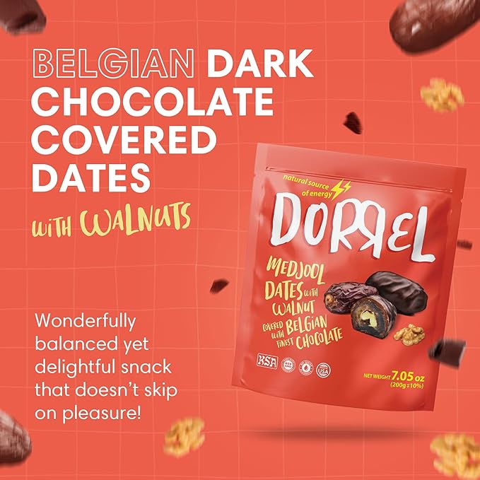 DORREL - Belgian Dark Chocolate Covered Dates (Medjool) with Walnuts Stuffing, High Energy Vegan Choco Snack, Delicious, Kosher & Non-GMO, Pack of 1 Stuffed Chocolate Dates, 7.05 oz / 200 g Ea