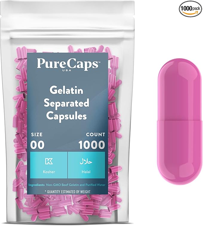 PureCaps USA - Empty Gelatin Pill Capsules Size 00| 1,000 Separated Pills| Pink| Non-GMO Certified | SLS, Gluten, Preservative Free