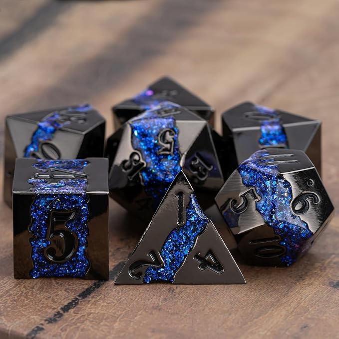 D&D Dice Set Metal,Large Striped Glitter Dice Set.RPG Polyhedral Dice 7pcs Set(Antique Nickel Dark Blue)