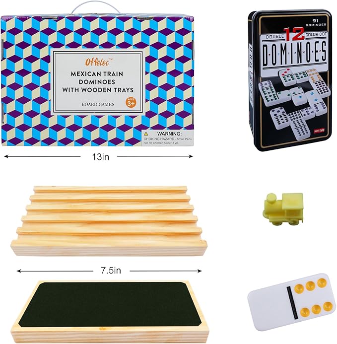 Mexican Train Double 12 Dominoes Set with 8 Trays, 9 Markers, 91 Tiles, 2 Scoreboards & Hub - Complete Family Board Game for Adults & Kids, Travel Friendly Dominoes Game Set for 2-8 Players