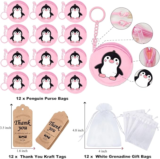 36 Pack Penguin Change Purses Set Include 12 Wallets with Keyring,12 Thank You Tags and 12 Organza Bags for Winter Party Supplies,Guest Return Gift, Animal Themed Party, Birthday,Pink
