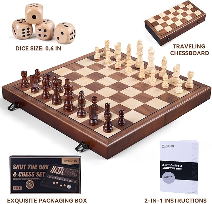 15'' Wooden Chess Set with Shut The Box Game, Magnetic Chess Board-2 Extra Queens-Pieces Storage Slots, Wooden Board Table Math Game, 2-in-1 Folding Board Game Set for Kids, Adults,Beginner
