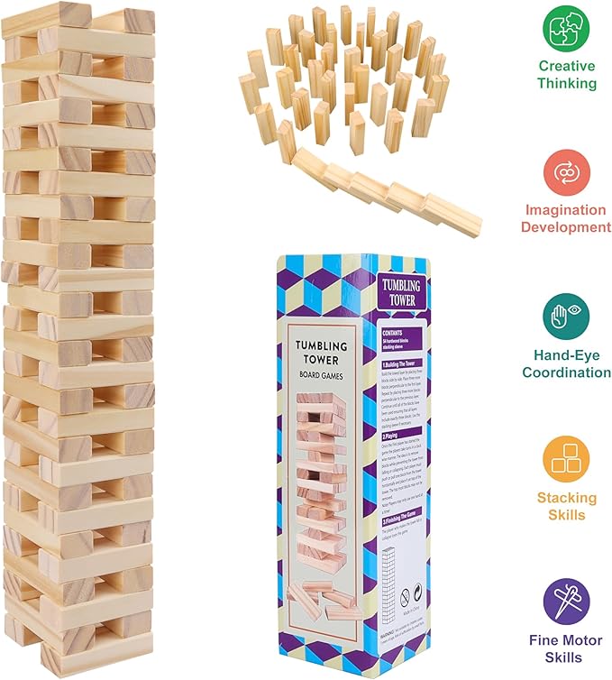 Wooden Stacking Blocks Game - 54 pcs Tumbling Tower Set for Kids & Adults, Family Board Games Indoor/Outdoor, Educational STEM Toy with Natural Wood Blocks, Portable Stacking Toys Party Games