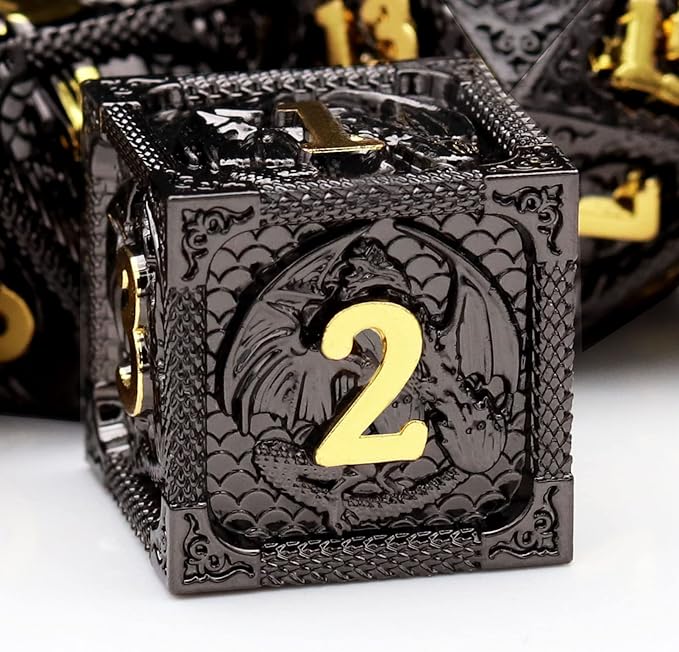 Haxtec Metal DND Dice Set Black Gold Metal D&D Dice with Fire-Breathing Dragon Elements & Leather Dice Bag Polyhedral Dice for Dungeons and Dragons TTRPG Gifts…