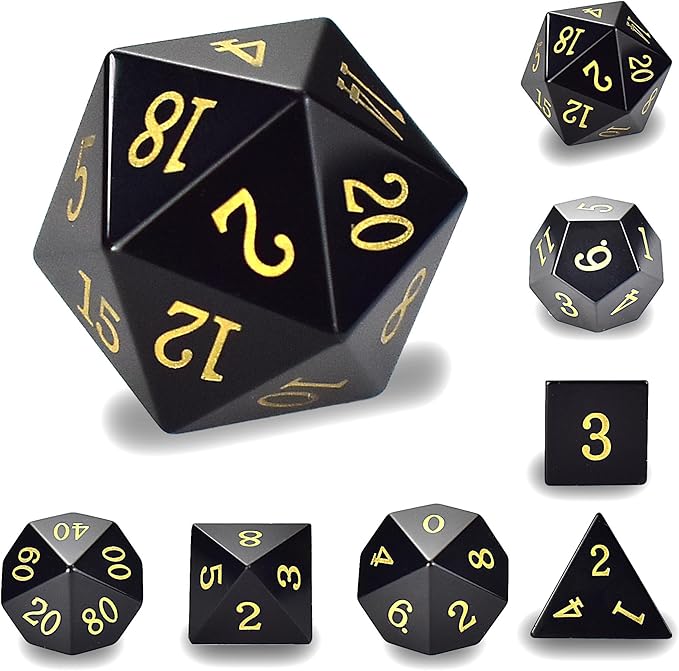 Gemstone DND Stone Dice Sets D&D 7 Pcs Polyhedral Dice Set Handmade Obsidian Gem Stone Dice Set Natural Gemstone Dice Sets with Metal Case for Dungeons and Dragons RPG MTG Tabletop Games