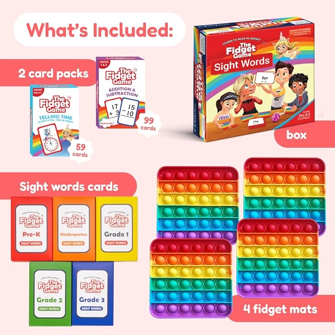 THE FIDGET GAME Grades 1 and 2 Learning Bundle - Flashcards and Pop Fidget Toys for Kids - Learning Activities and Games for High-Frequency Dolch Sight Words, Math, and Time - Includes Mats and Dice