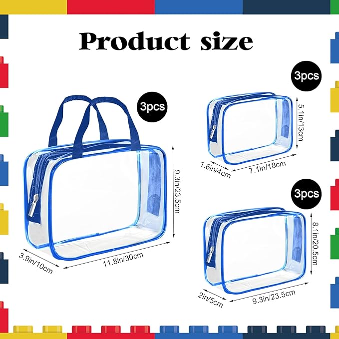 9 Packs Clear PVC Toy Storage Bags Toiletry Bags Waterproof Kids Zippered Toy Organizing Bags for Building Blocks Puzzle Stationery Blue