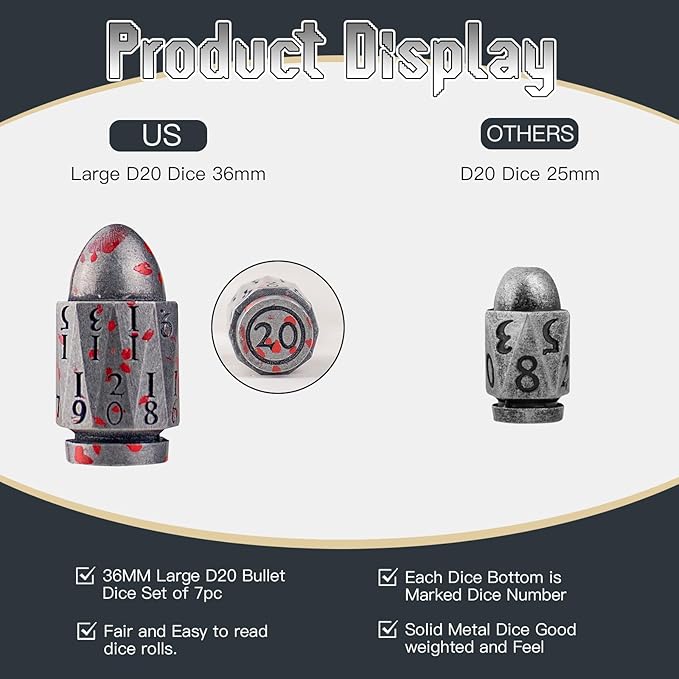 Bullet Dice,PCCECQEE D&D Dice for Dungeons and Dragons,Metal Dice Set of 7PC for Role Playing Game(SliverBlood)