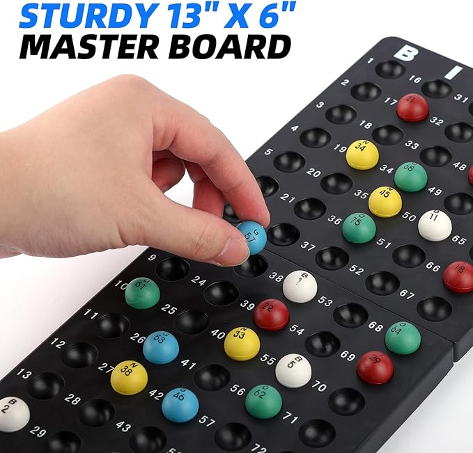 Deluxe Bingo Game Set Includes 18 Mixed Cards, 150 Vibrant Chips, 75 Calling Balls, 8โ Bingo Cage - Premium Bingo Set for Large Groups and Parties