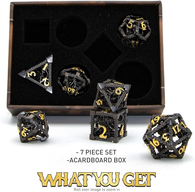 DND Dice, Dungeons and Dragons Metal Dice Set Polyhedral Role Playing Gaming HNCCESG Hollow Cthulhu Dice for Table Game RPG (Black)