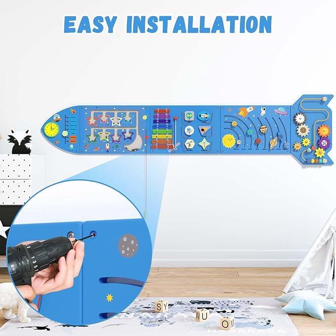Rocket Sensory Wall Panel - Montessori Toddler Activity Cube, Blue