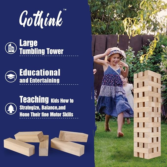 GOTHINK Giant Tumbling Tower Game, Super Large 51pcs Wooden Blocks Stacking Game, Stack to Over 5 Feet, with Carry Bag, Jumbo Blocks Outdoor Indoor Game Toy Gift for Kids and Adults