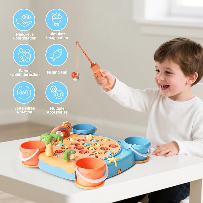 Magnetic Fishing Game Toys for Kids Include Colorful Fish,Magnetic Fish Rods,Rotating Board with Music,Interactive Fishing Toy Gift for Toddlers 3+