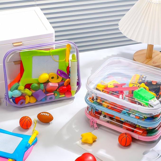 Hoolerry 4 Pcs Hard Clear Zipper Case Transparent Cases for Snacks Makeup Bag Plastic Storage Box Containers for Building Blocks, Puzzles, Cosmetics (Multicolor,9.8 x 7.9 x 2 in)