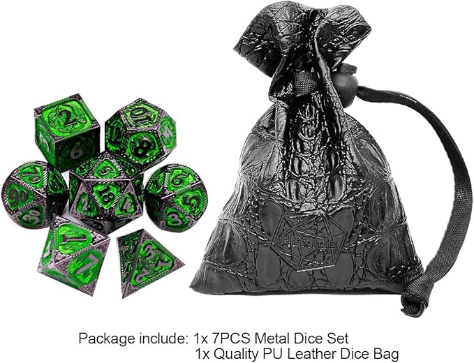 Haxtec Metal Dice Set Green Black Dragon Pattern Metal DND Dice with Leather Dice Bag Polyhedral D&D Dice for Dungeons and Dragons TTRPG Gifts