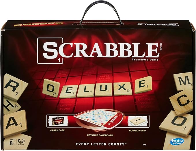 Hasbro Gaming Scrabble Deluxe Edition Letter Tiles Word Game | Rotating Board and Carrying Case | Ages 8+ | 2-4 Players | Classic Family Travel Games (Amazon Exclusive)