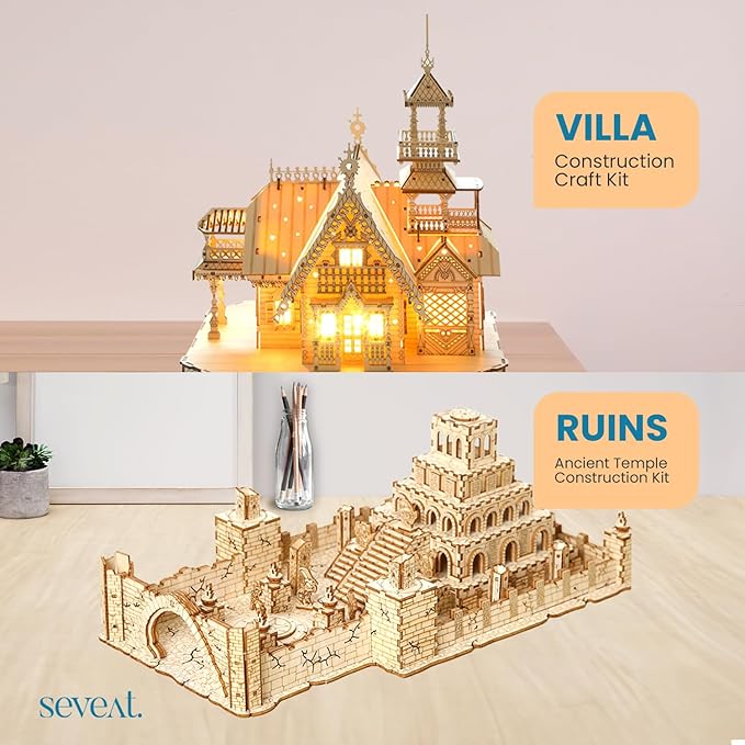 3D Puzzles for Adults & Teens – 235-Piece Wooden DIY Ancient Temple Ruins Wooden Model for Adults to Build, Brain-Teasing Puzzle Game for Any Occasion (Ruins)