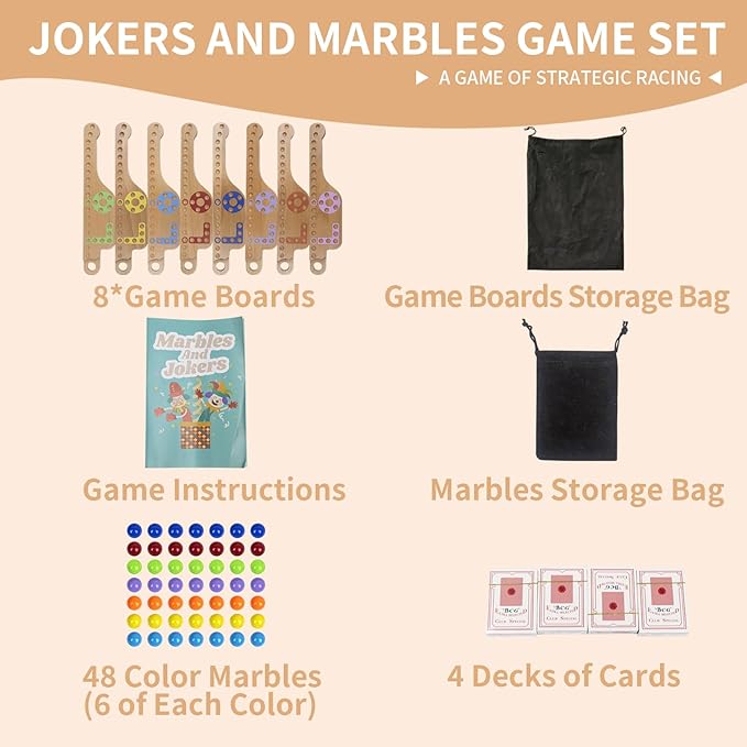 Jokers and Marbles Board Game,Pegs and Jokers Game for 2-8 Player,Wood Board Game with 8 Game Boards 4 Decks of Cards 48 Marbles,Holidays and Casual Social Gatherings