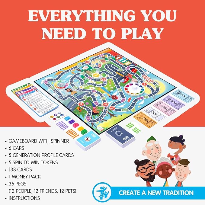 Joy for All The Game of Life Generations - Board Games for Seniors - New Generational Spaces - Big Easy to Read Action Cards for Older Adults with Low Vision - Memory Game Log - Activity for Elderly