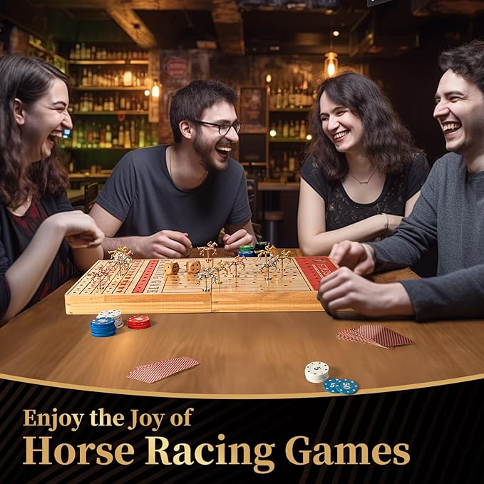 Horse Race Board Game, Large 21" Horse Racing Board Game with 11 Luxury Metal Horses, Foldable Solid Wood Horse Racing Game with Tokens, 2 Sets of Dice, 2 Boxes of Cards for Parties