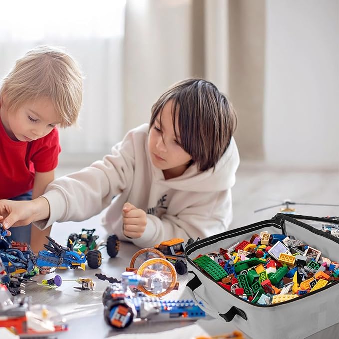 4 PCS Toys Storage Bag, Classic Bricks Building Set Storage Bag, Travel Case for Building Toys, Puzzles, Grey