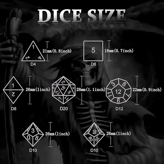 DND Dice, Dungeons and Dragons Dice Metal Polyhedral Dice Set Role Playing D&D Dice HNCCESG Hollow Grim Reaper Gaming for RPG Table Game (Black)