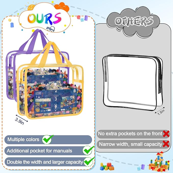 6 Packs Clear Toy Storage Bags with Zipper & Labels, Clear PVC Toy Organizer Bags Reusable with Pocket for Board Games, Building Blocks, Puzzles, Toys