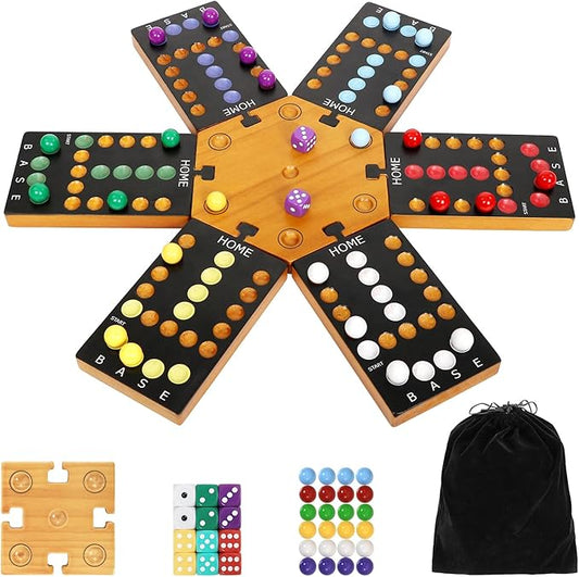 Marble Board Game, Wooden Board Game for 4 and 6 Players, Portable Original Marble Game with 24 Marbles 12 Dice for Family Friends Party Game Night Black