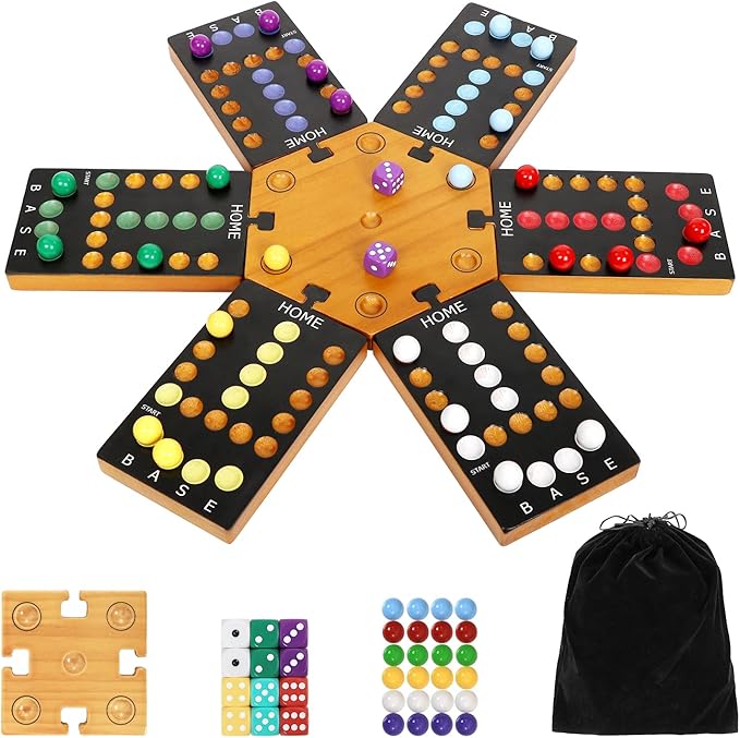 Marble Board Game, Wooden Board Game for 4 and 6 Players, Portable Original Marble Game with 24 Marbles 12 Dice for Family Friends Party Game Night Black
