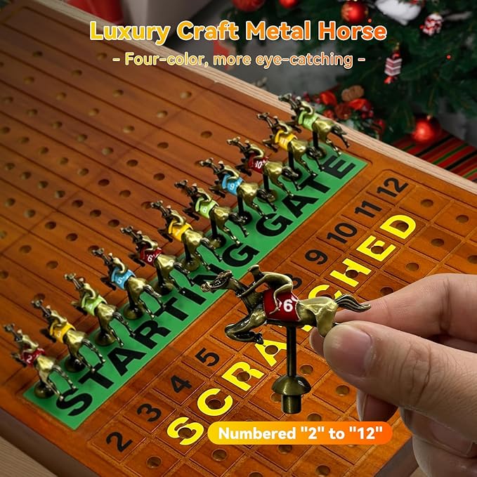 Large 23 inches Horse Race Board Game with Luxury Metal Numbered Horses, 4 in 1 Foldable Wood Horse Race Board Game with Dice Poker Chips/Chess & Checkers/Tic Tac Toe for for Adults Family Parties