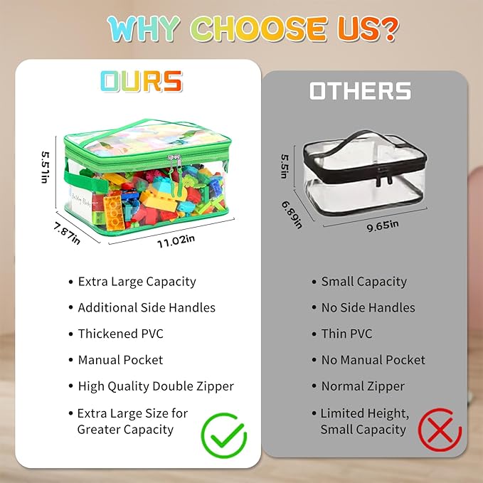 8 Pack Clear Toy Storage Bags, Extra Large Capacity Transparent Waterproof PVC Toy Organizing Bags with Name Tag and Manual Pocket for Building Blocks Board Games, Puzzle, Kids Books (Color)