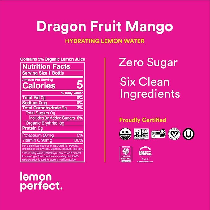 Lemon Perfect, Hydrating Organic Lemon Water, Zero Sugar, Flavored Water, Squeezed from Real Fruit, Plastic Neutral, No Artificial Ingredients, Dragon Fruit Mango (12oz Bottles) 12pk
