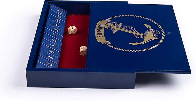 STERLING Games Wooden Shut The Box Game 12 Numbers with Home Decor Design Lid Cover and Felted Rolling Surface, Blue