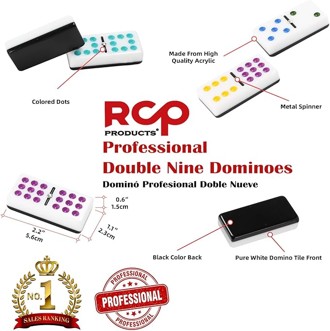 Dominos Set for Adults – Professional Double 9 Dominoes Set of 55 Tiles, Metal Spinner, Classic and Travel Board Game with Wood Case Juegos de Mesa (Black)