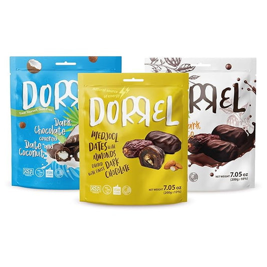 DORREL - Trio Bundle Pack: Belgian Dark Chocolate Covered Dates (Medjool) + Chocolate Dates with Salted Almonds & Coconut Stuffing, High Energy Choco Snack, Kosher & Non-GMO Pack of 3, 7.05 oz Ea