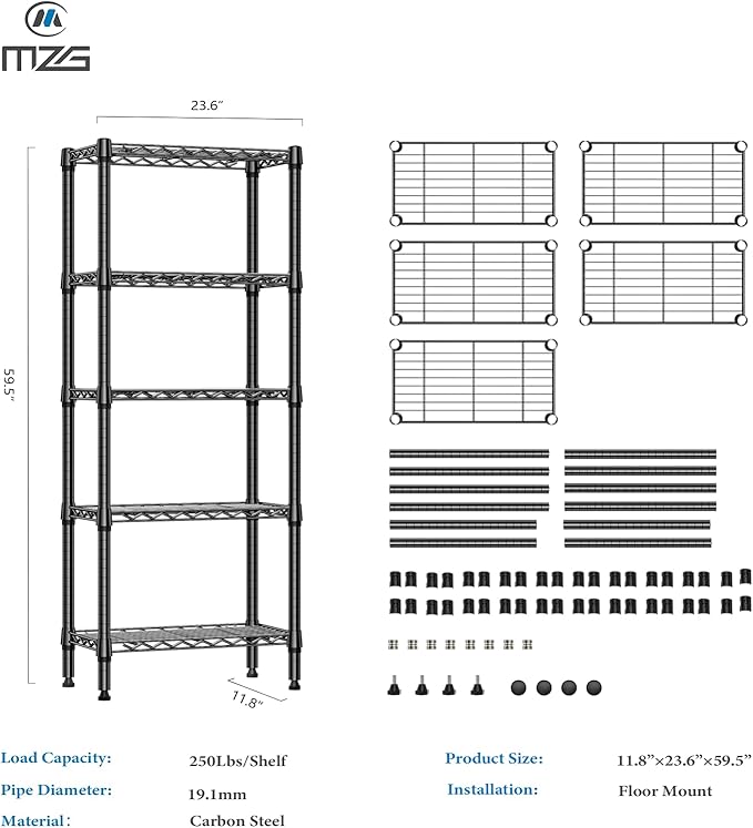 1250 lbs 5 Tier Shelf Metal Storage Shelves Wire Rack Closet Organizers for Garage Kitchen Bathroom Laundry Black 11.8" D x 23.6" W x 59.5" H