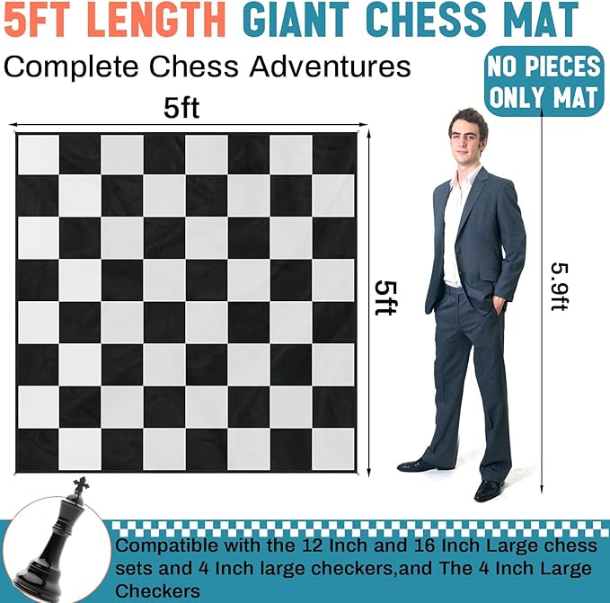 5x5ft Giant Chess Game Mat Nylon Board Mat for Outdoor with 4 Ground Nails and Storage Bag, Compatible with 12 16 Inch Giant Chess Sets and 4 Inch Large Checkers, Checker Not Included