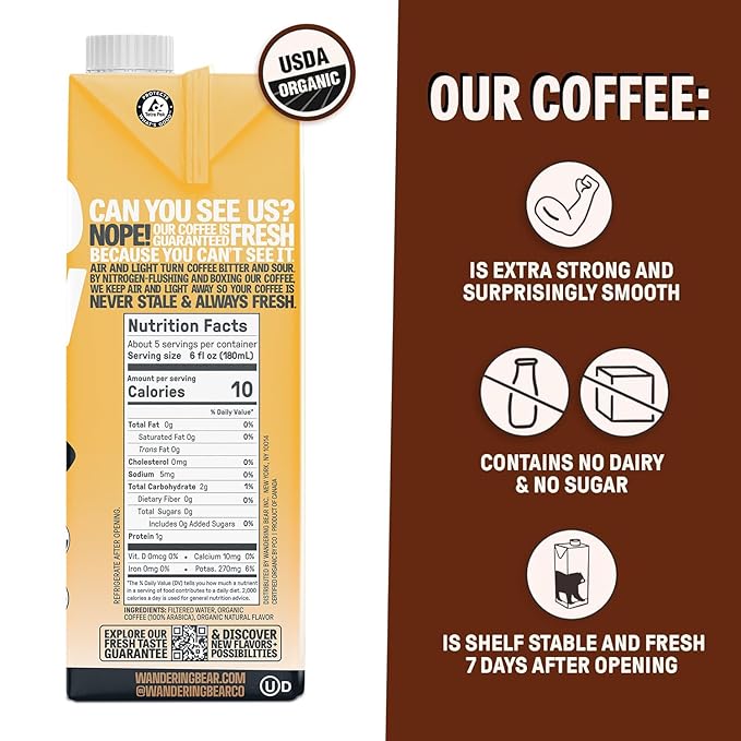 Wandering Bear Organic Caramel Cold Brew Coffee, 32 fl oz, 3 pack - Extra Strong, Smooth, Organic, Unsweetened, Shelf-Stable, and Ready to Drink Iced Coffee, Cold Brewed Coffee
