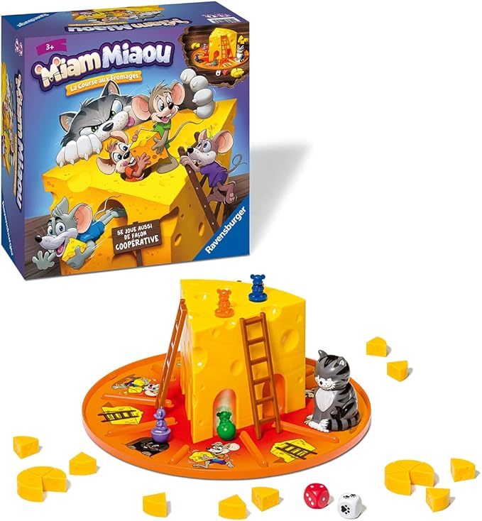 Ravensburger Miam Miaou - La Race aux fromages - First Board Game for Children - Fun evolutive Cooperative Course - 2 to 4 Players from 3 Years Old - Mixed - 20818 - French Version