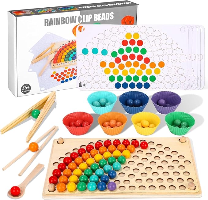 Toddler Wooden Learning Montessori Toys for 4 Year Old – Wooden peg Board Bead Game Baby Rainbow Stacking Matching Counting Color Sorting Games for fine Motor Math Skills Boys and Girls