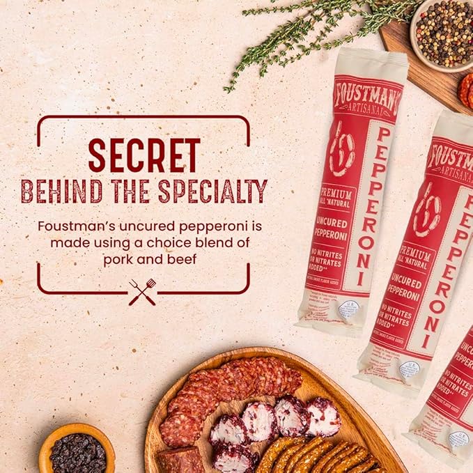 Foustman's Salami Pork and Beef Pepperoni, Nitrate-Free, Naturally Cured, Gluten-Free, Dairy-Free, Pack of 3, 8 Oz Each