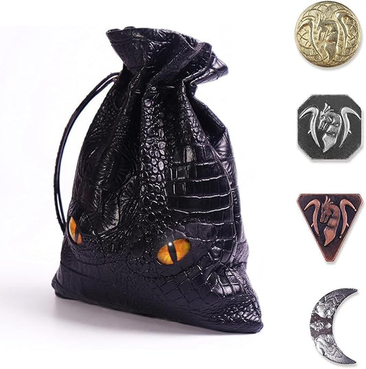 Byhoo 145 PCS Metal DND Coins & Leather Bag, Contains 60 Gold Coins, 40 Sliver Coins, 40 Copper Coins and 5 Platinum Coins, Tokens with Glow in The Night Eyes Bag for RPG Tablelap Games