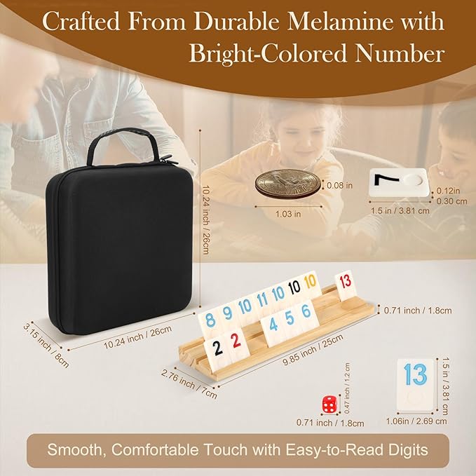 8 Players Rummy Game Set, 214 Melamine Tiles, 8 Wooden Racks, Drawstring Bag, Premium Portable Case, Tile Board Games for Adults, Travel, Birthday Gifts for Men Women Dad Mom