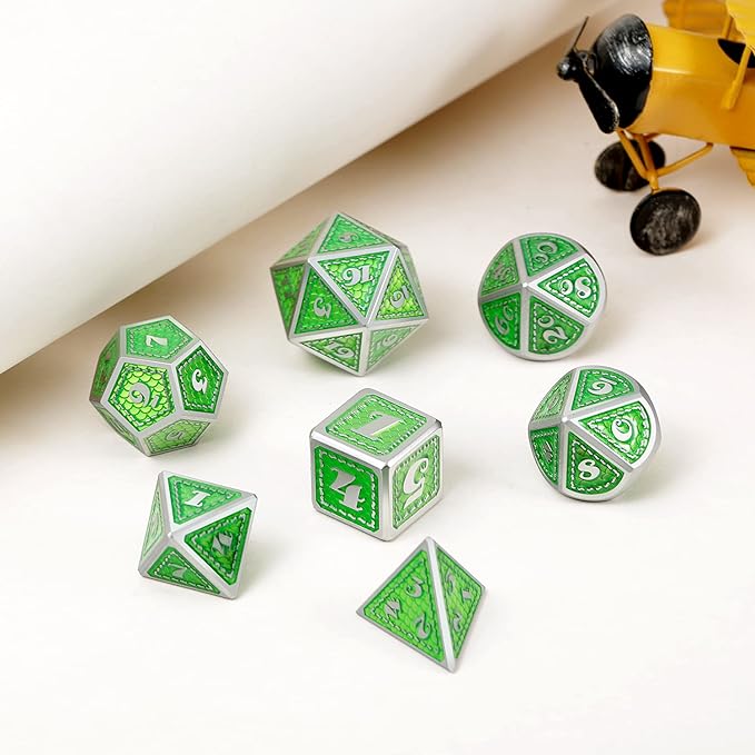 DND Metal Dice Set with Gift Metal Tin DNDND Metallic Dungeons and Dragons Dice Set for D&D Game (Neno Green & Green with Matt Silver Edge)