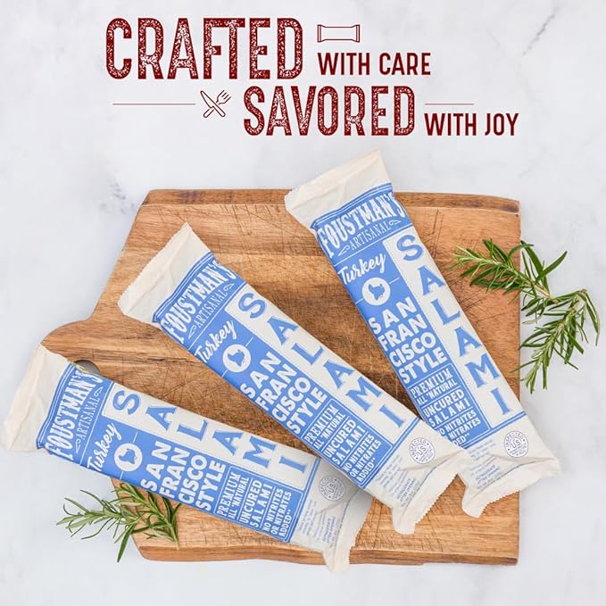 Foustman's Salami Turkey San Francisco Style Salami, Artisanal Turkey Salami, Authentic Flavor for Versatile Snacking and Keto Diets, Gluten-Free, Dairy-Free, Nitrate-Free, Pack of 3, 8 Oz Sticks Each