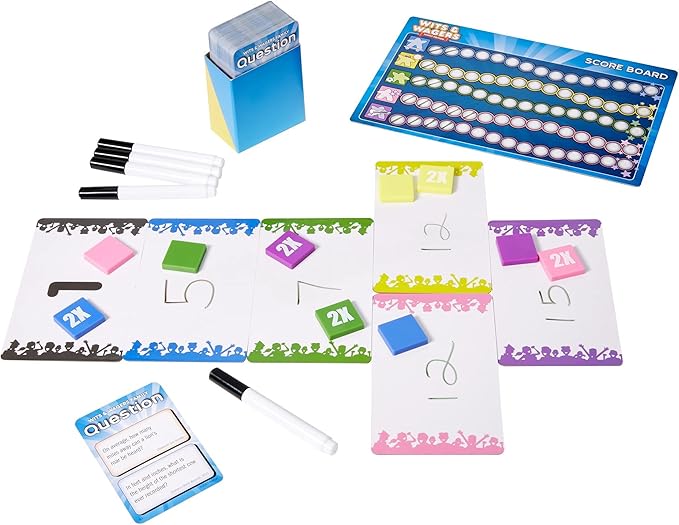 Mattel Games Wits & Wagers Board Game Family Edition for Kids and Adults with Dry Erase Boards, Markers & Question Cards